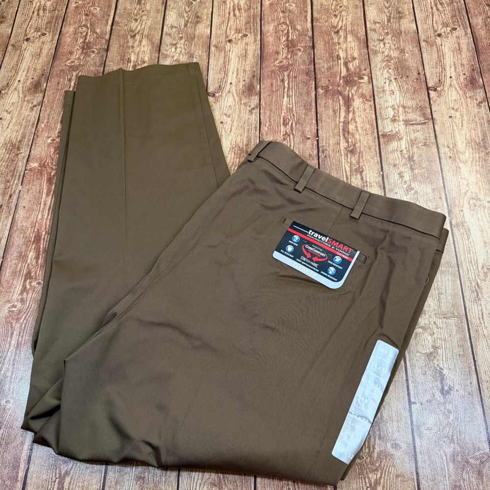 Roundtree & Yorke TravelSmart Dress Pants Mens 54x32 Brown Classic Fit Stretch